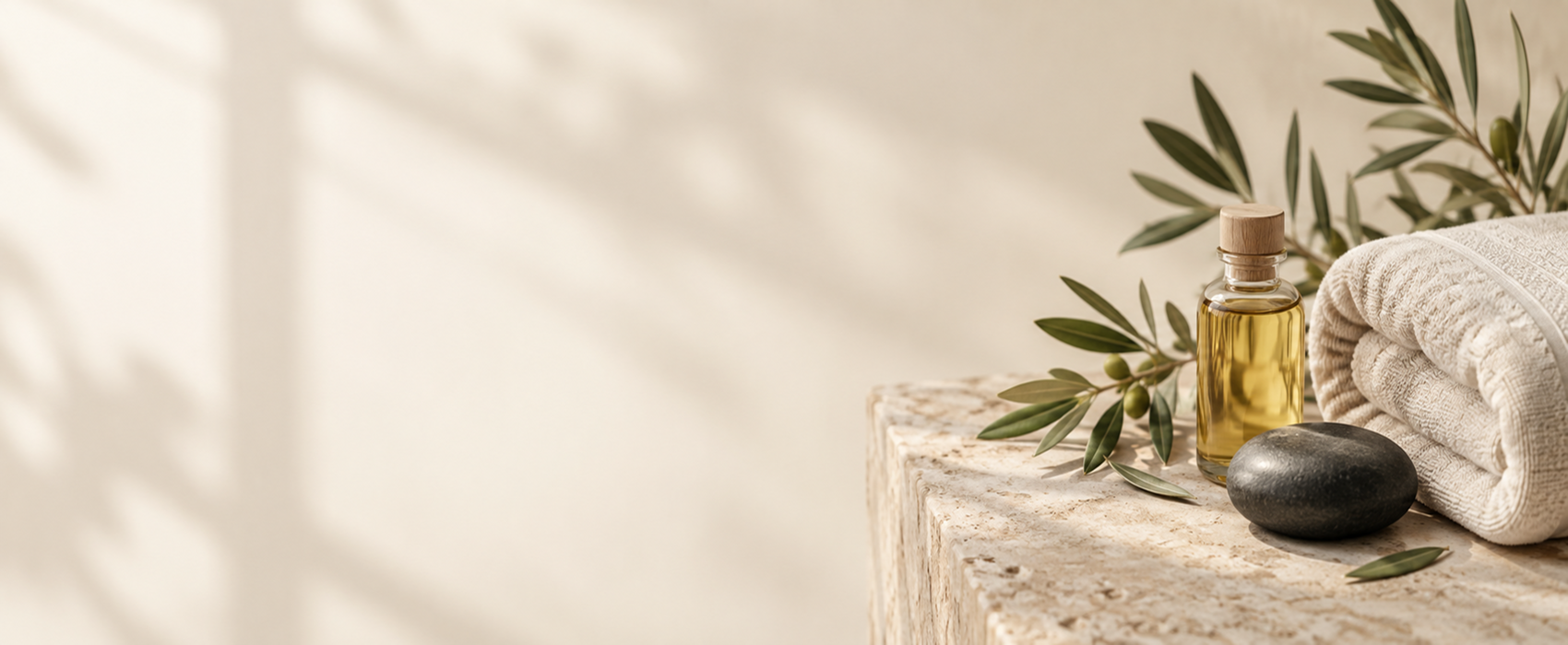 Spa still life with travertine pedestal, folded towel, amber oil bottle, dark basalt massage stone, and olive branches