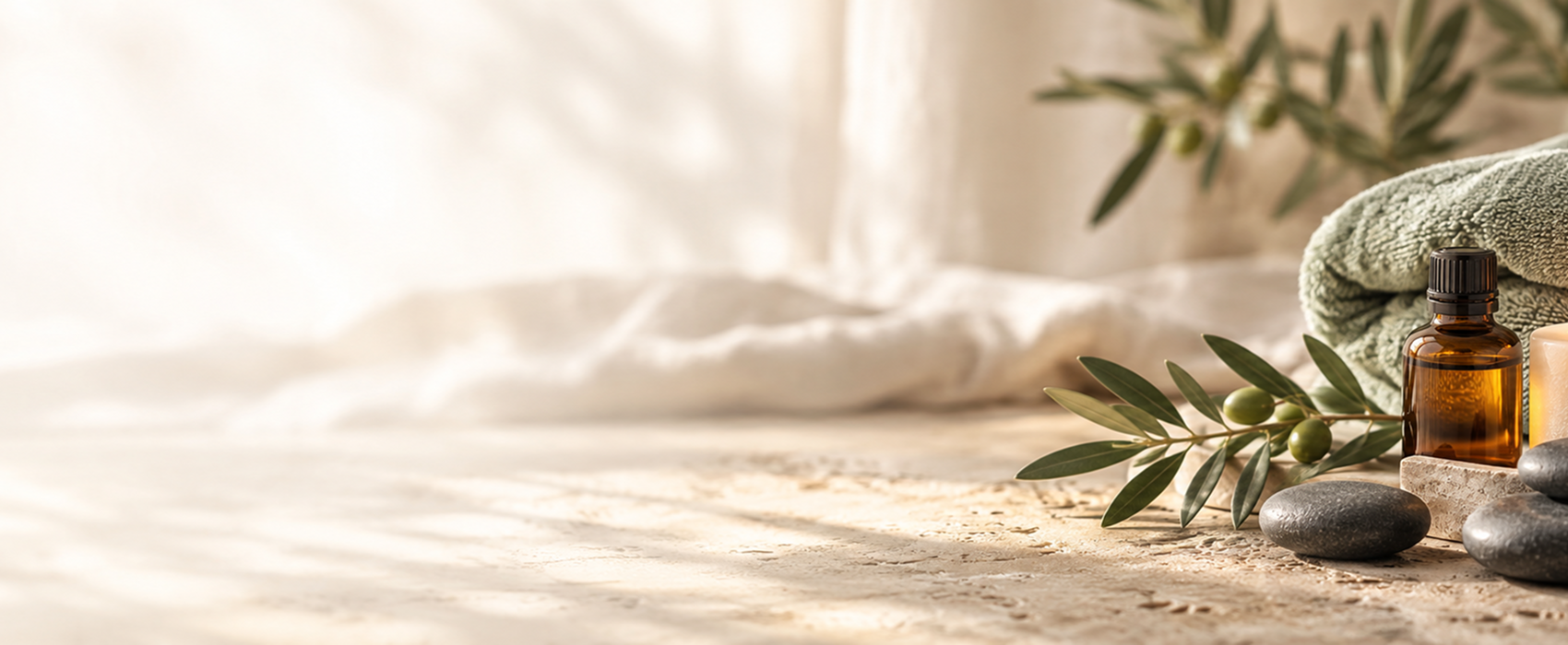 Warm spa atmosphere with folded towels, lit candle, aromatherapy oil, and basalt stones