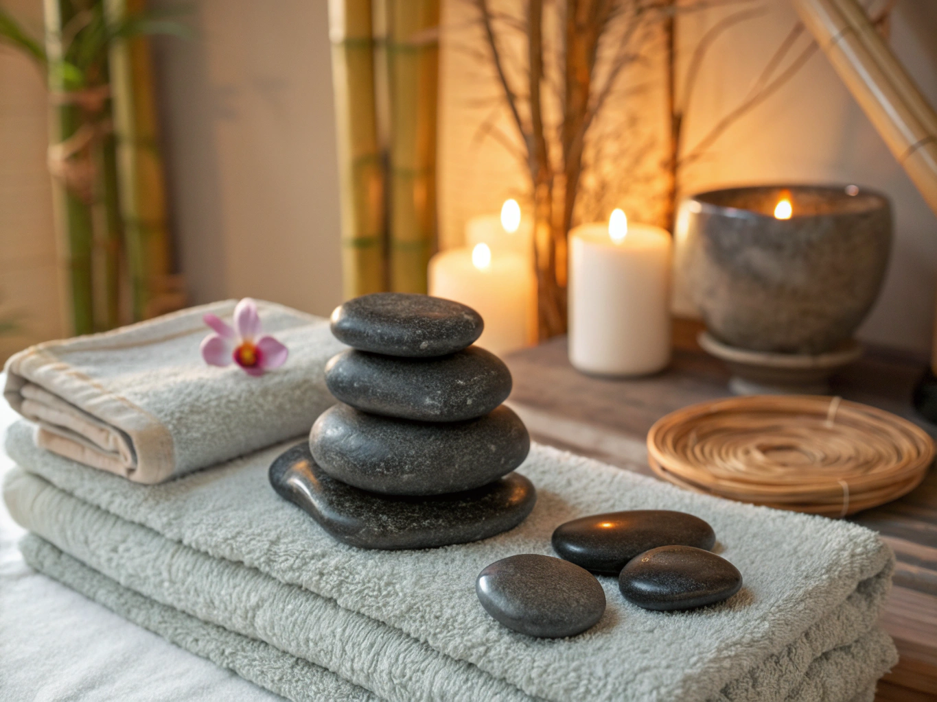 Heated basalt river stones arranged with natural linens for restorative spa session