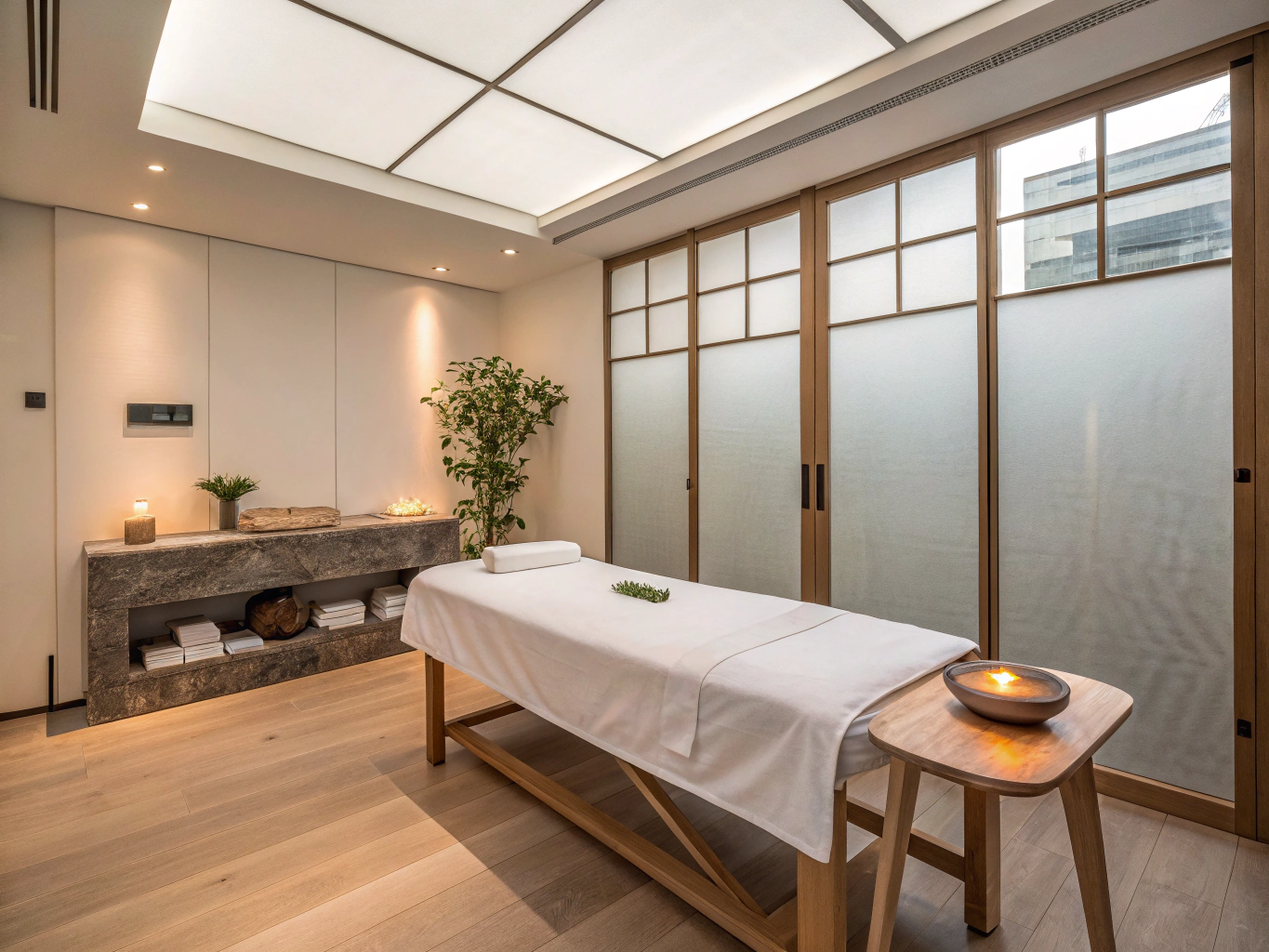 Warm-lit spa treatment room with folded linen